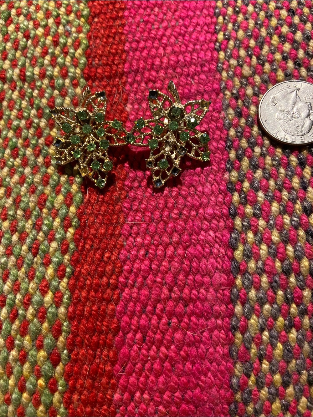Vintage Gold Floral Clip-On Earrings with Green Stones